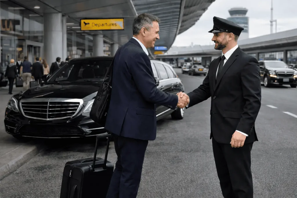  corporate limo Toronto price airport pickup with chauffeur and business traveler at busy terminal