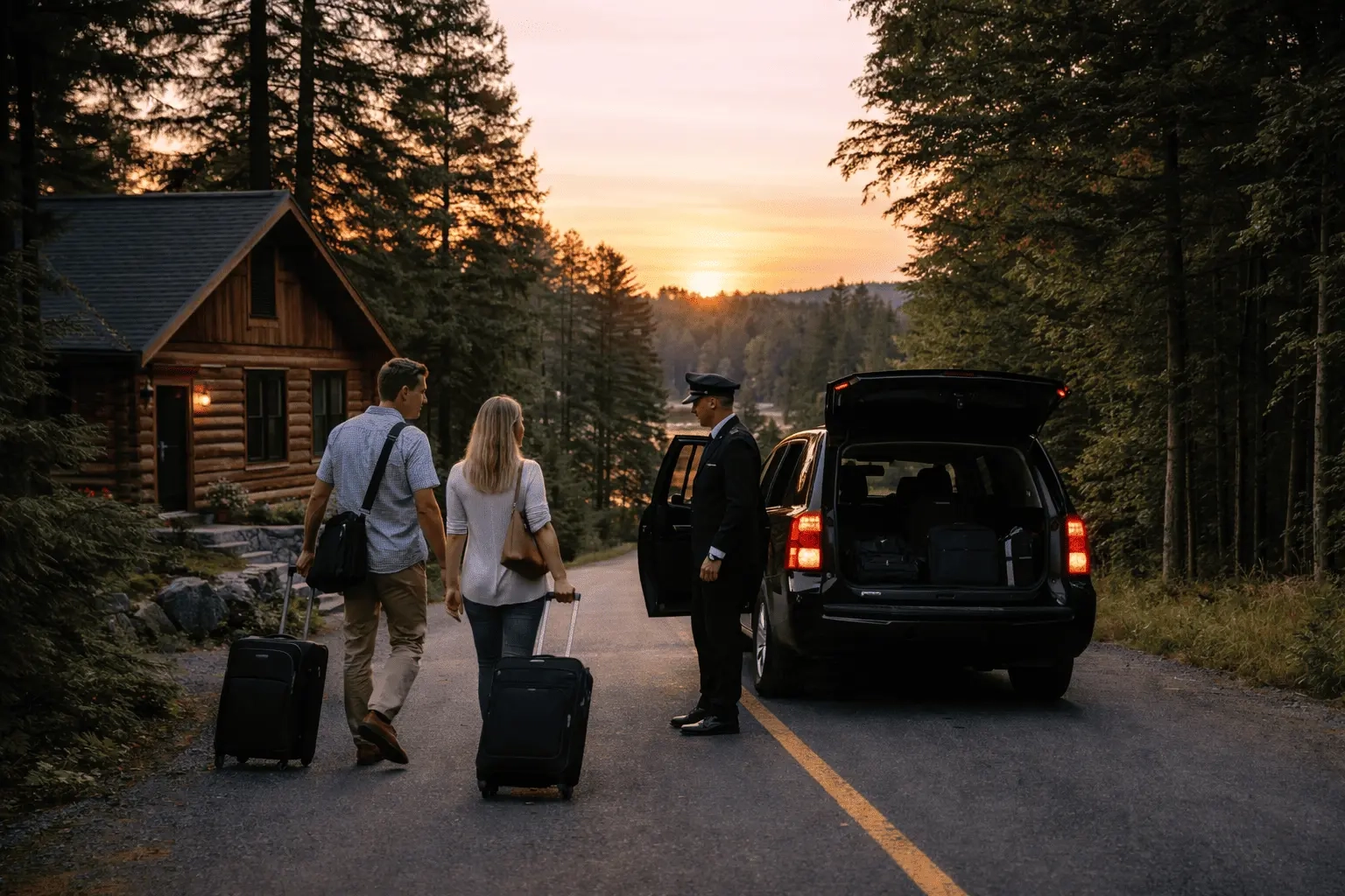 Airport transfers from Muskoka with driver assisting couple and luggage near lakeside cabin
