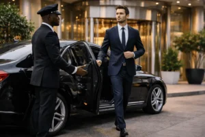 Best corporate limo Toronto chauffeur service picking up businessman from luxury car outside modern building