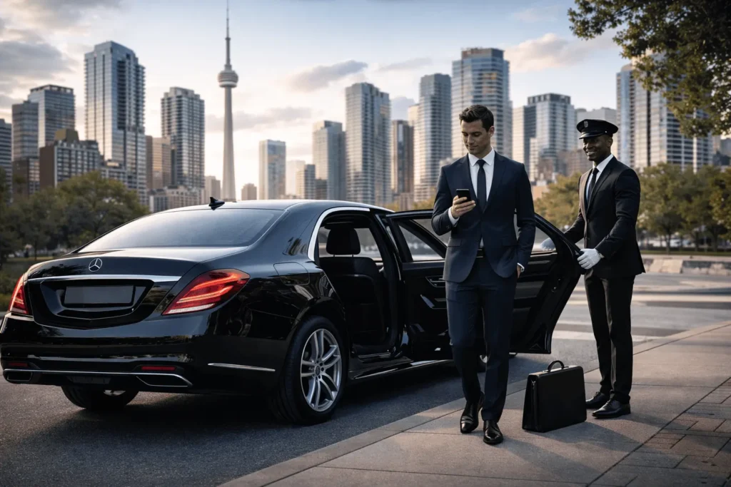 Best corporate limo Toronto service with professional chauffeur opening car door for businessman beside luxury sedan
