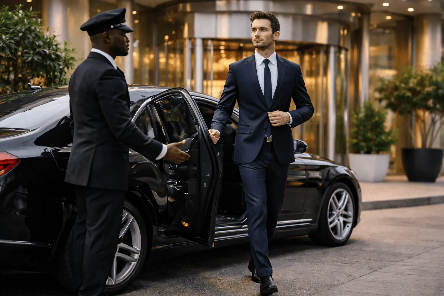 Best corporate limo Toronto chauffeur service picking up businessman from luxury car outside modern building