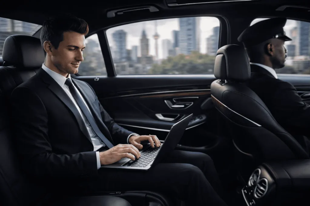 Businessman working on laptop inside luxury limo with chauffeur driving and city view in background