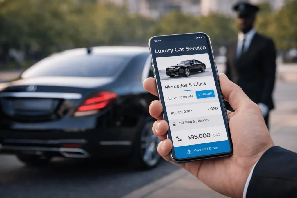 Mobile phone showing limo booking and price details with luxury car and professional chauffeur in background